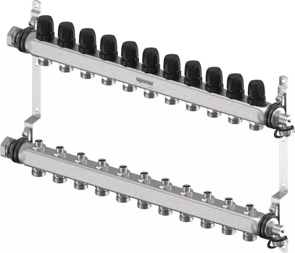Verteiler von Uponor mit mehreren Anschlussmöglichkeiten, aus Metall gefertigt, zur Verteilung von Heizungs- oder Trinkwasserleitungen, in horizontaler Anordnung.